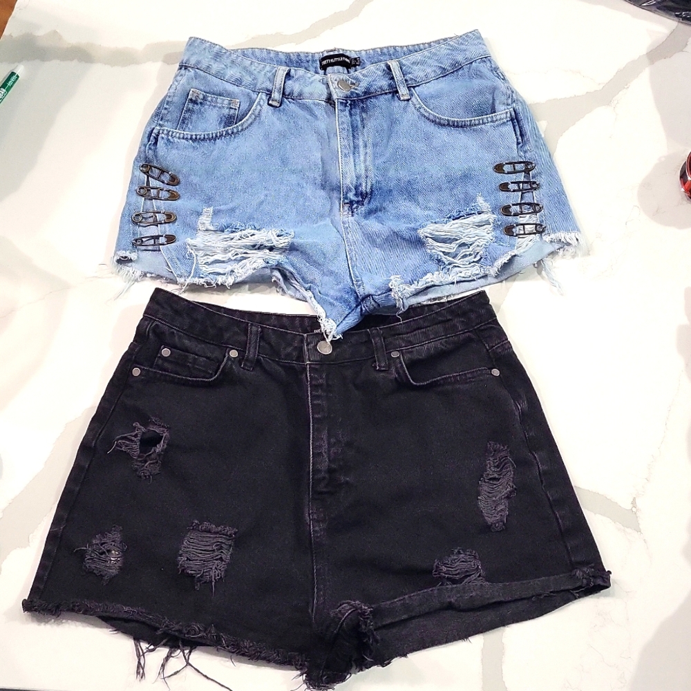 PrettyLittleThing Blue and Black Distressed Denim Shorts